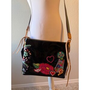Consuela Black Patent‎ Crossbody Bag Sugar Skull Floral Embroidery Viva Consuela